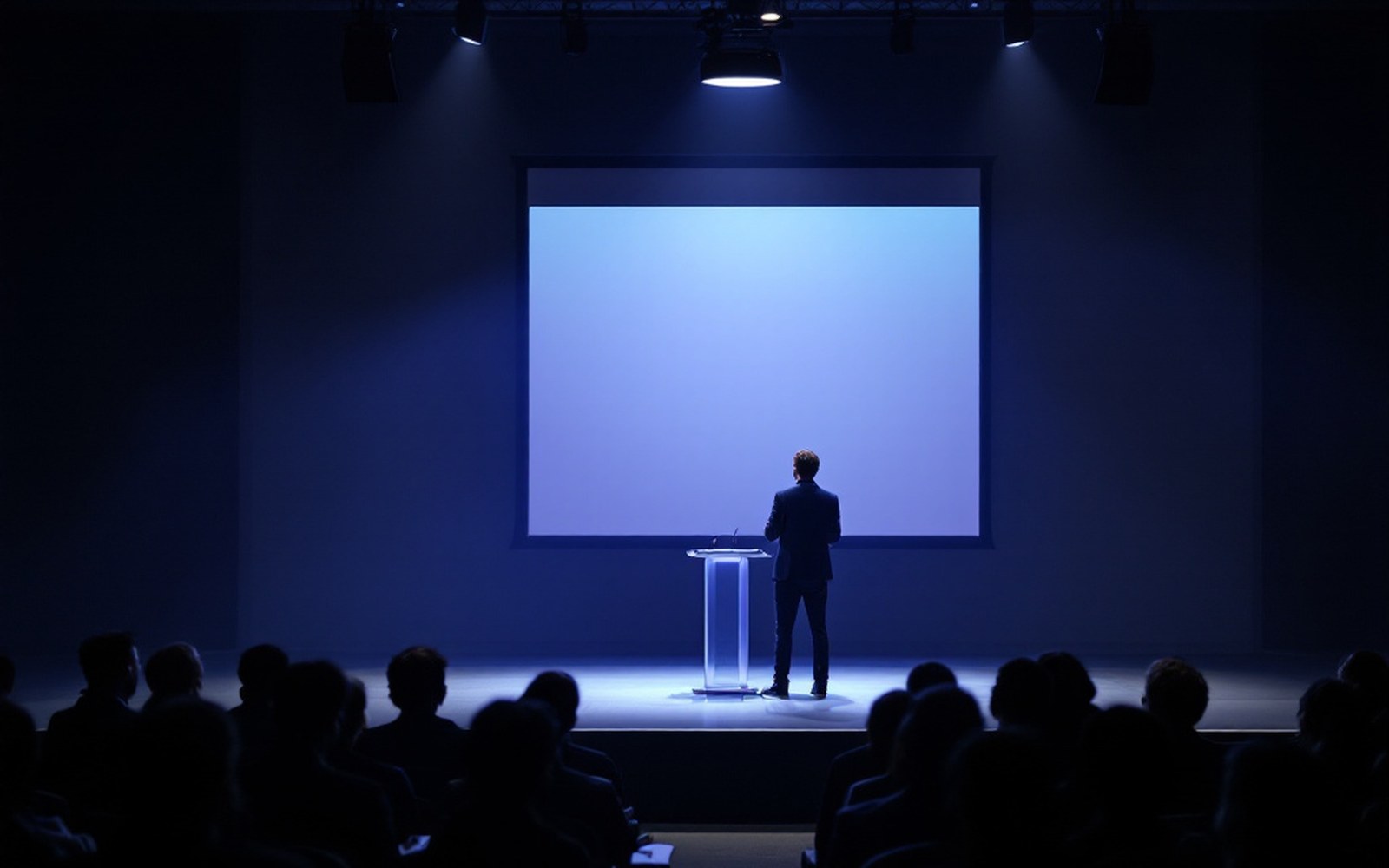 An empty conference lectern with a microphone