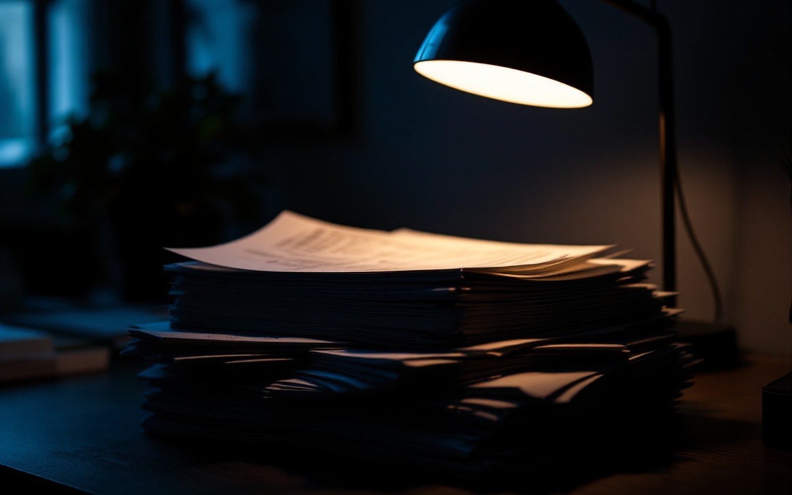 A stack of printed changelogs under a lamp