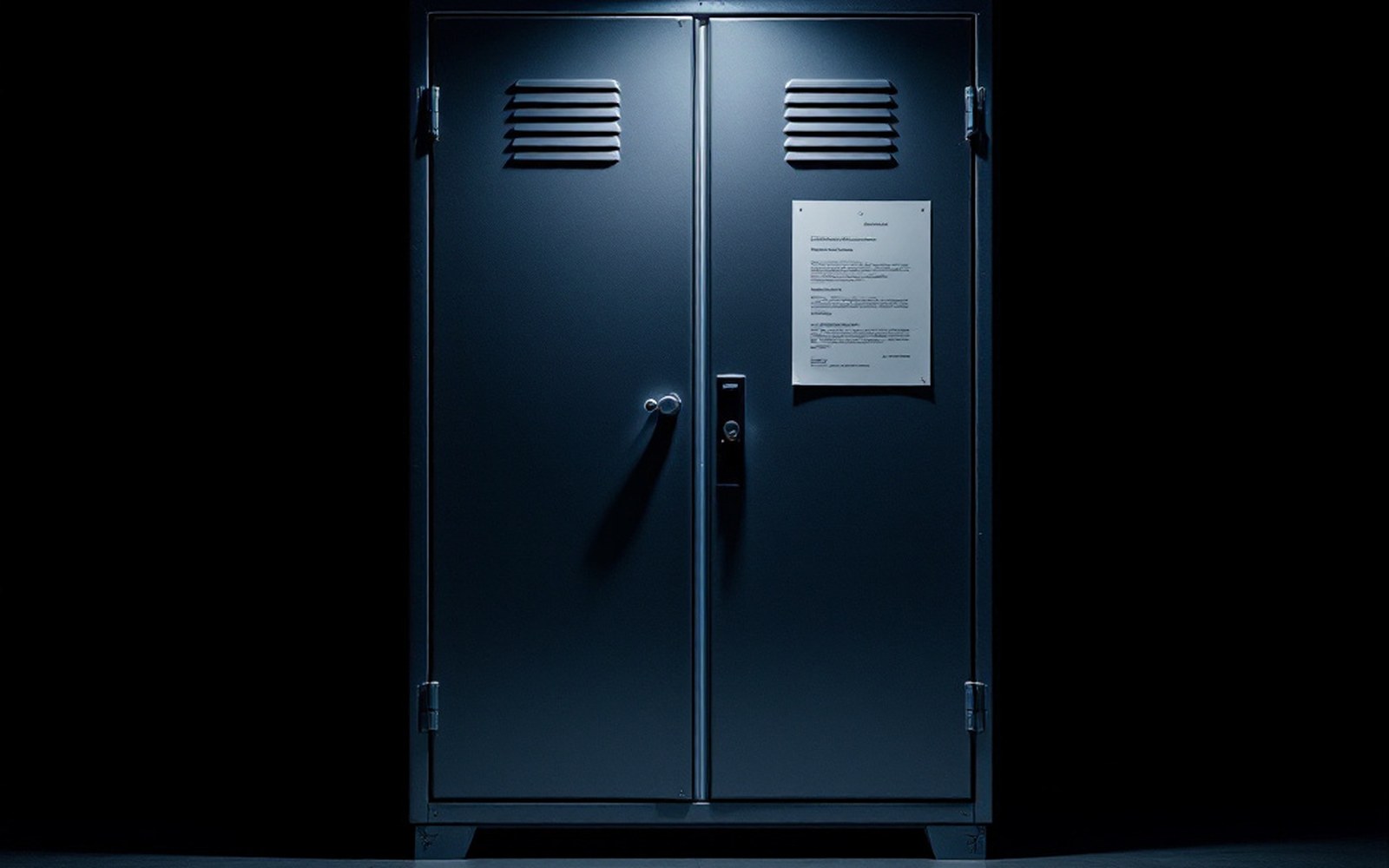 A locked steel cabinet door, one light
