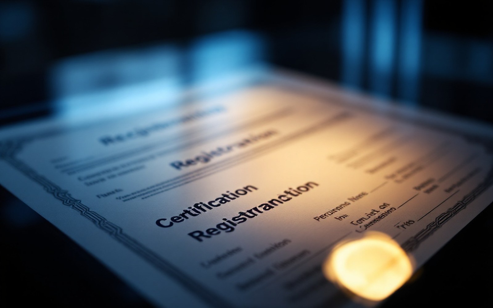 A registration certificate under glass, macro