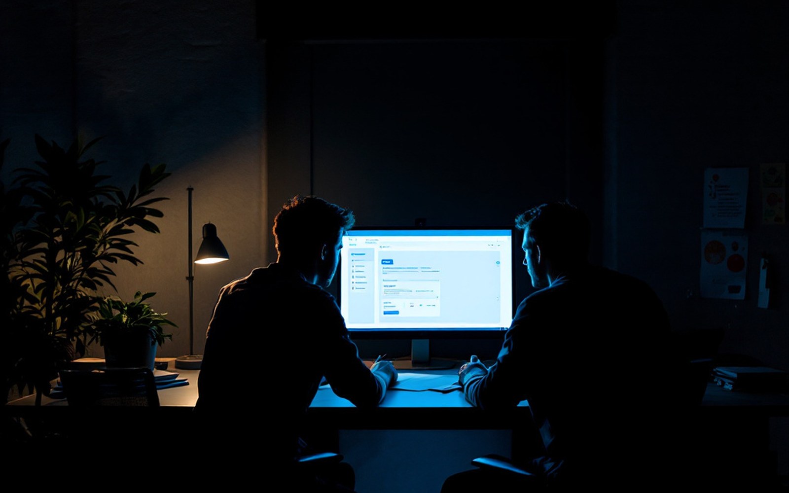 An empty office chair at a desk with a dark monitor