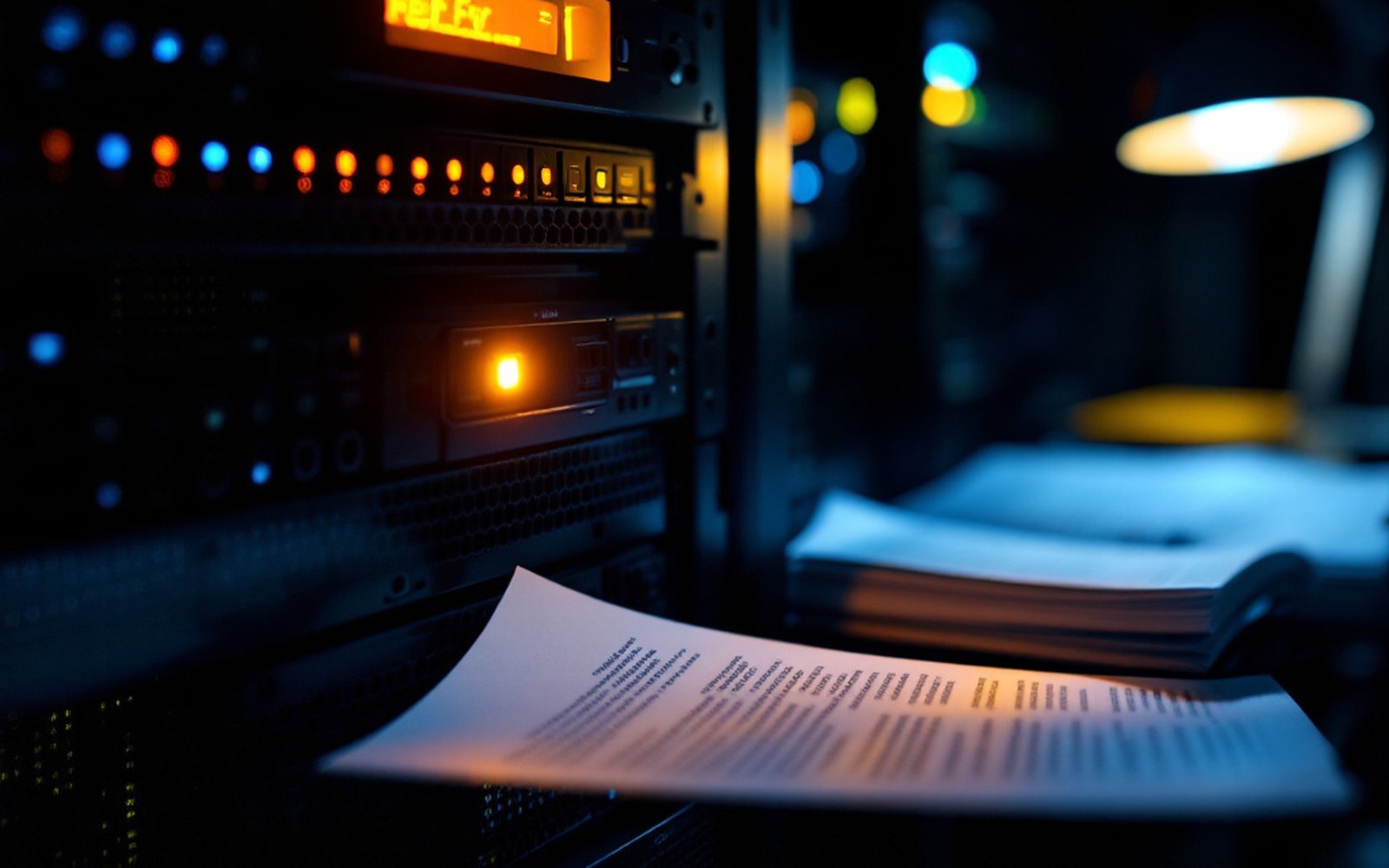A server rack with one amber indicator lit